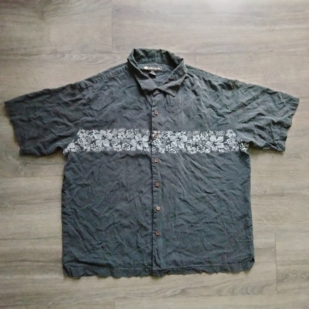 Duke Kahanamoku Size XXL Black Hawaiian Short Sleeve Button Down Shirt 100% Silk
